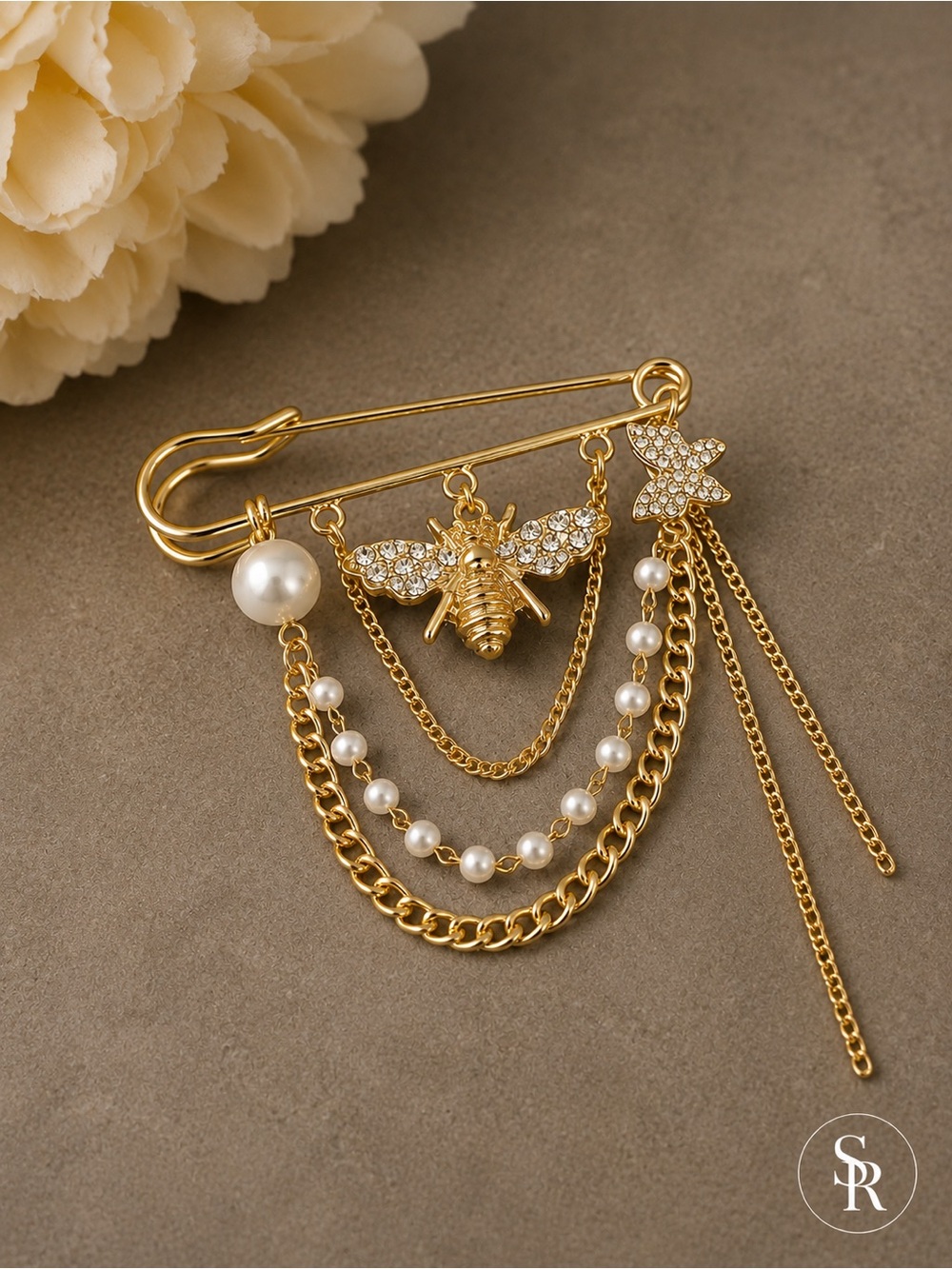 Golden Bee Pearl Safety Pin Brooch Rhinestone Chain Dangle Pin NWT 2.5”x4”